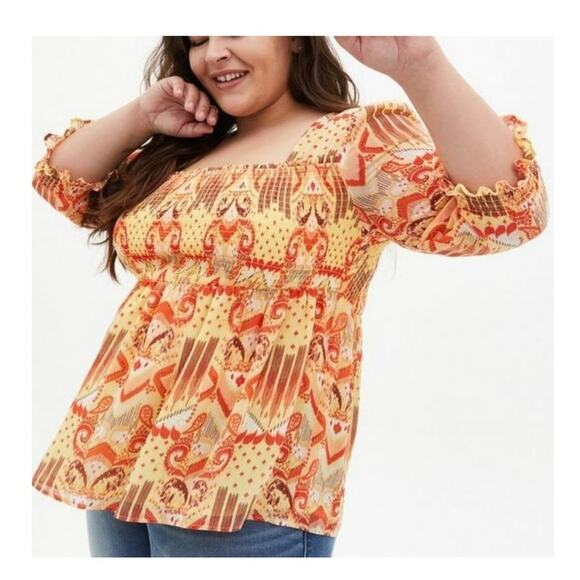 Torrid Yellow Orange Tribal Smocked Ruffle Square Neck Sheer Sleeve Blouse 3X - Picture 1 of 14